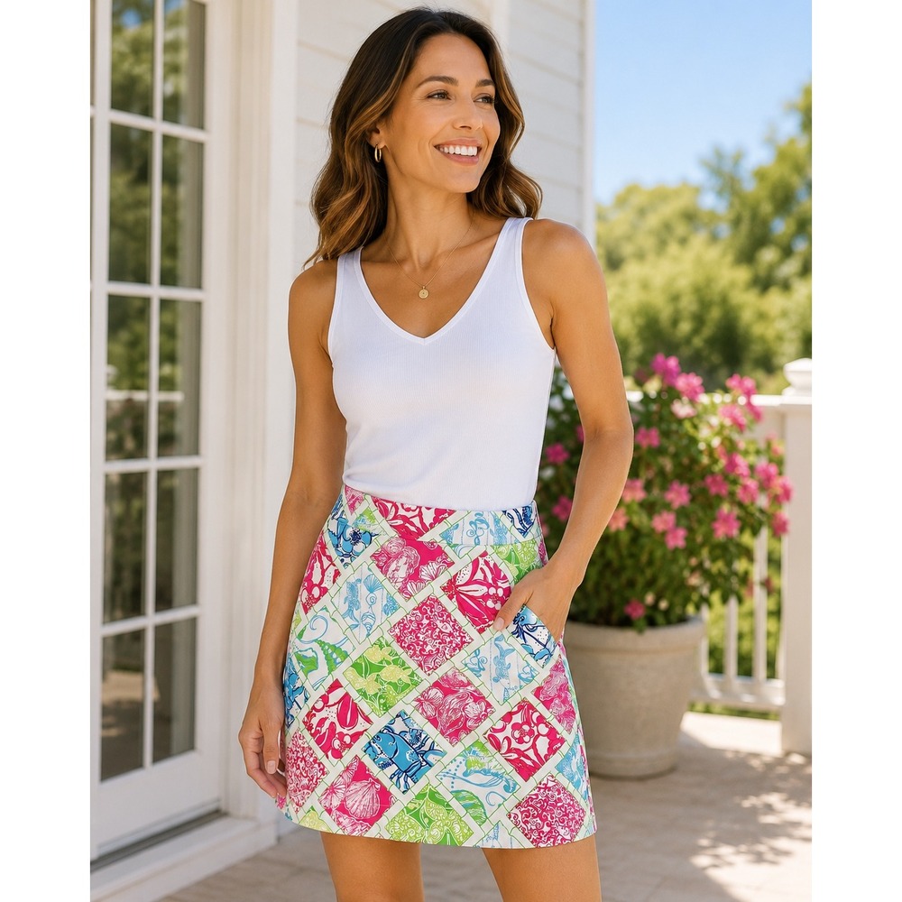 Lilly Pulitzer Jubilee Skirt Womens 8 Pink Green Patchwork Cotton Mini Lined